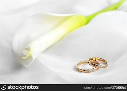 White transparent fabric and wedding rings close up