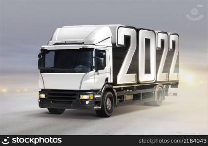 White truck delivers 2022 by new year in winter