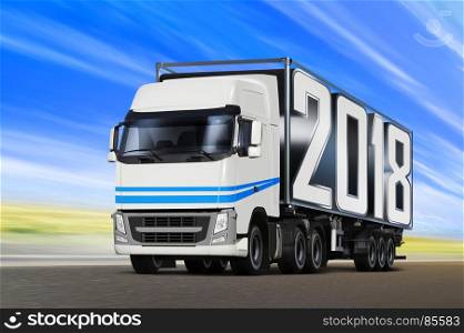 White truck like incoming year 2018 moving on road