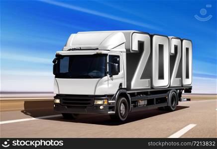 White truck like incoming year 2020 moving on road