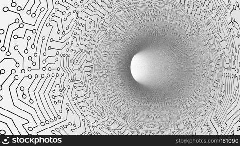 White tunnel in highway with circuit board pattern texture. High-tech background in digital computer technology concept, moving toward the light. 3d abstract illustration