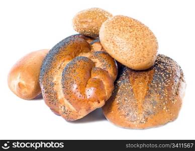 white twist long loaf, wheat bread and small roll pikelet isolated on white background