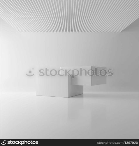 White two rectangle block cube in ceiling room background. Abstract modern architecture mockup concept. Minimal interior. Studio podium platform. Business presentation stage. 3D illustration render