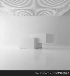 White two rectangle block cube in ceiling room background. Abstract modern architecture mockup concept. Minimal interior. Studio podium platform. Business presentation stage. 3D illustration render