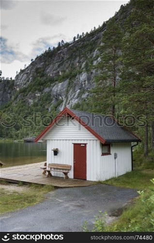 white typical wooden house in norway at the highlands near valle