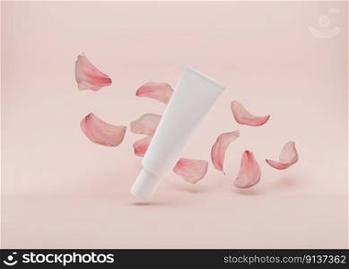 White unbranded cream tube on the pink background. Gel with flowers petals flying in the air. Skin care product presentation. Minimalist mockup. Free space for your graphic design. 3D rendering. White unbranded cream tube on the pink background. Gel with flowers petals flying in the air. Skin care product presentation. Minimalist mockup. Free space for your graphic design. 3D rendering.