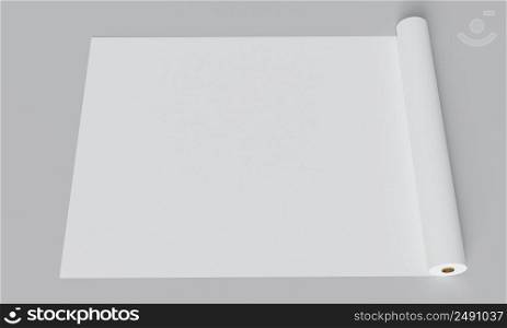 White unfolded paper roll with empty blank copy space on gray background. Object and industry concept. 3D illustration rendering