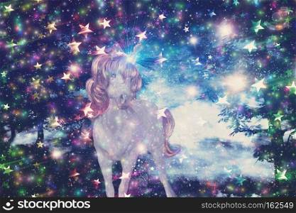 White unicorn in the night fantasy forest, 3d illustration.