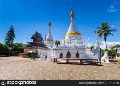 White unique pagoda in Wat Phra That Doi Gongmoo landmark of Maehongson, Thailand.