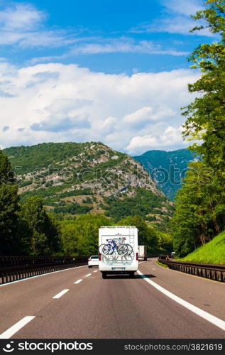 white van on highway. Camper on the road. camping car