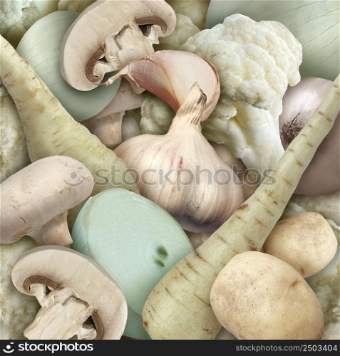 White vegetables background as parsnips onion garlic cauliflower and mushrooms with potatoes.
