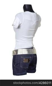 White vest and jeans shorts on a white background