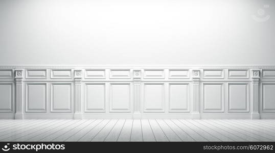 White vintage interior with wall paneling background 3d render