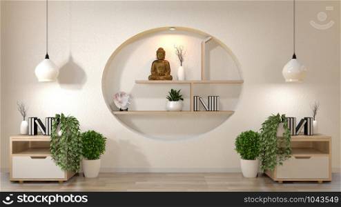 White wall mock up empty room with book and vase and plants on cabinet, decoaration on shelf wall design japanese style. 3d rendering