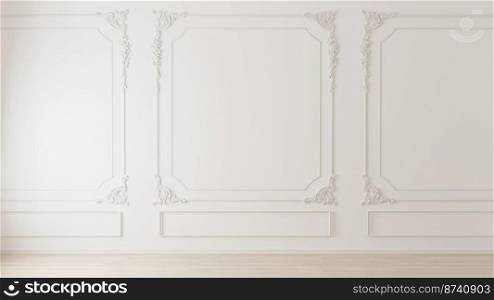 White wall with classic style mouldings and wooden floor, empty room interior, 3d render 