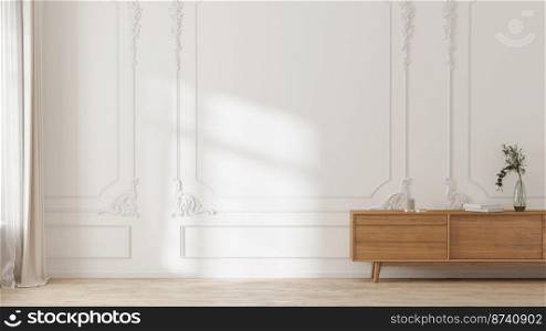 White wall with classic style mouldings and wooden floor, wooden dresser and sunlight on wall, 3d render 