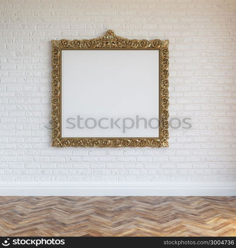 White Walls Brick Interior With Golden Carved Frame And Hardwood