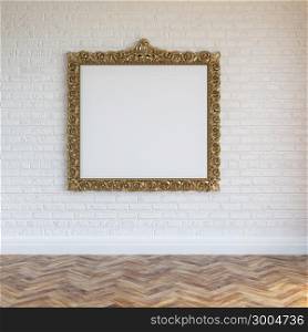 White Walls Brick Interior With Golden Carved Frame And Hardwood