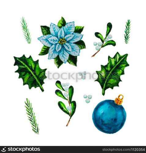 White watercolor Poinsettia plant, mistletoe, holly, berry, blue Christmas ornament isolated on the white background