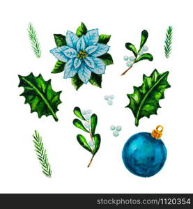 White watercolor Poinsettia plant, mistletoe, holly, berry, blue Christmas ornament isolated on the white background