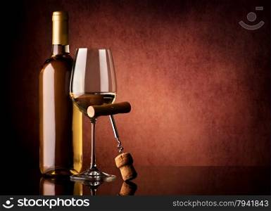 White wine and corkscrew on a vinous background