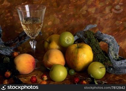 White wine and fruits isolated on painted background