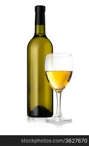 white wine bottles with glass on white background