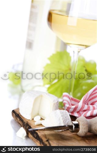 white wine, grape and cheese over white