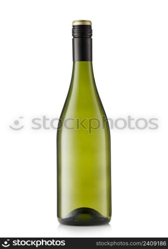 White wine in green tall bottle on white background