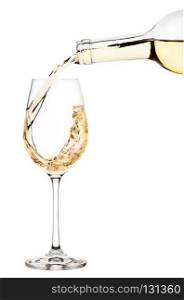 White wine is poured into wine glass isolated on white background. White wine is poured into wine glass