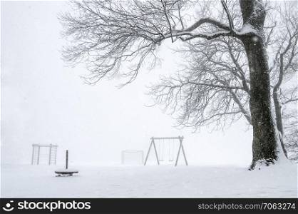 White winter landscape with a big leafless tree and an empty playground covered by snow, while snowing, on a gloomy day of February, in Germany.