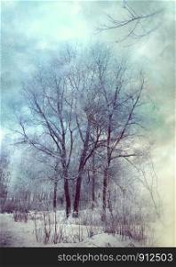 White winter trees in the park under snowfall, photomanipulation.