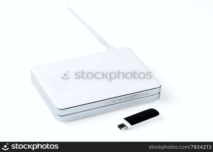 White wireless router and usb modem isolated on a white background