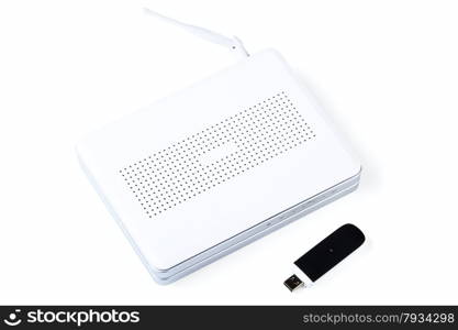 White wireless router and usb modem isolated on a white background
