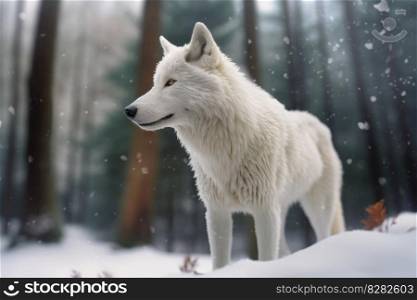 White wolf in snow forest. Fur canis. Generate Ai. White wolf in snow forest. Generate Ai