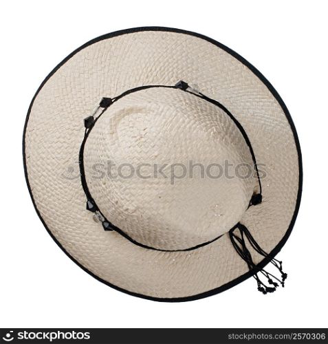 White woman big hat isolated on white background.
