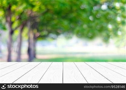 White wood table, counter background, White wooden shelf and blur green tree nature for food picnic, kitchen product display backdrop