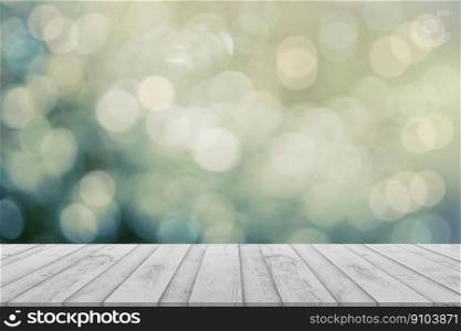 White Wood table top with blurry light bokeh background,Empty Wooden table texture on Defocus of green natural,Backdrop background for Spring,Summer product Presentation,Horizon banner Sale promotion