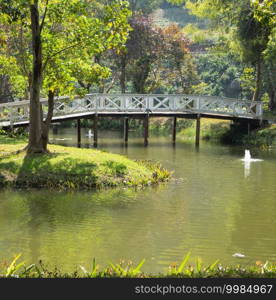 white wooden bridge footbrige across pond lake in garden park