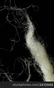 White wool fibers closeup. Black isolated