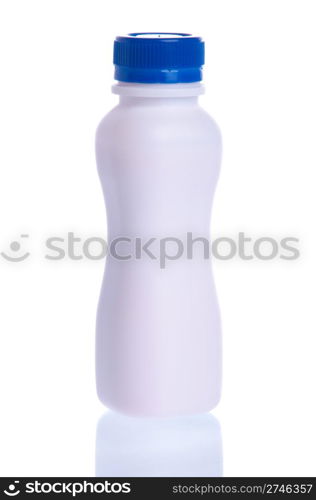 white yogurt plastic bottle blue cap isolated on white background