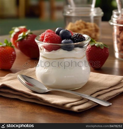 White yogurt with fruit in a jar. Generative AI