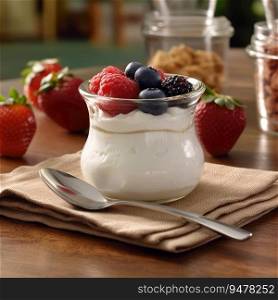 White yogurt with fruit in a jar. Generative AI