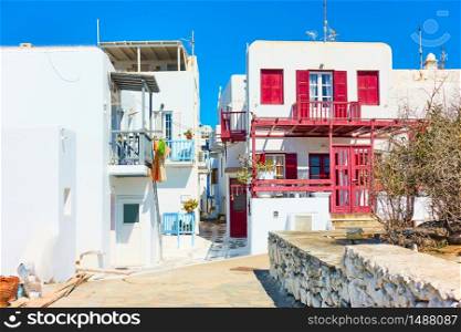 Whitewashed houses in Mykonos island, Chora town, Greece
