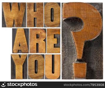 who are you question - isolated word abstract in letterpress wood type blocks