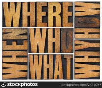 who, what, how, why, where, when, questions - brainstorming or decision making concept - a collage of isolated words in vintage letterpress wood type arranged in a rectangle