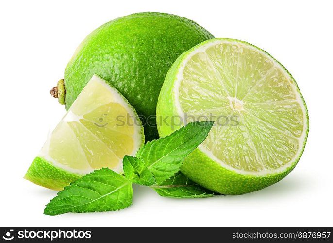 Whole and few pieces of lime with mint isolated on white background. Whole and few pieces of lime with mint