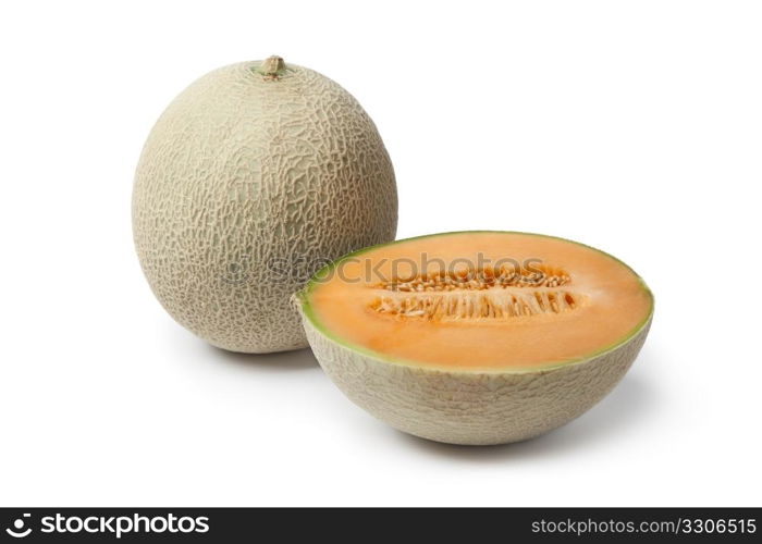 Whole and half Cantaloupe melon isolated on white background