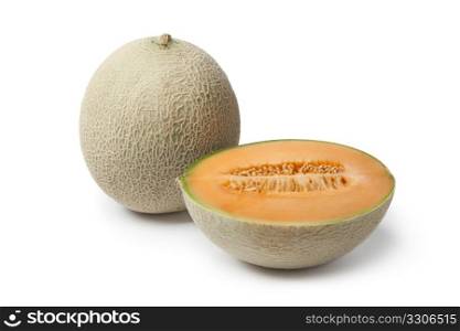 Whole and half Cantaloupe melon isolated on white background