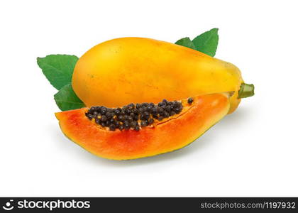 whole and half of ripe papaya fruit with seeds isolated on white background